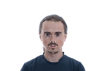 biometric security verification - face ID recognition concept. Technology of face tracking on polygonal grid, constructed by check points. High tech security and protection. Isolated on white backgrou