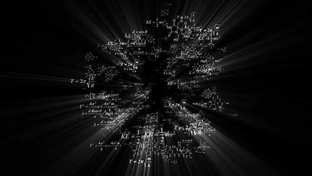 Light comes from within the formulas.Business concept - sketch with schemes and graphs on chalkboard. 3D Graphics cartoon formula