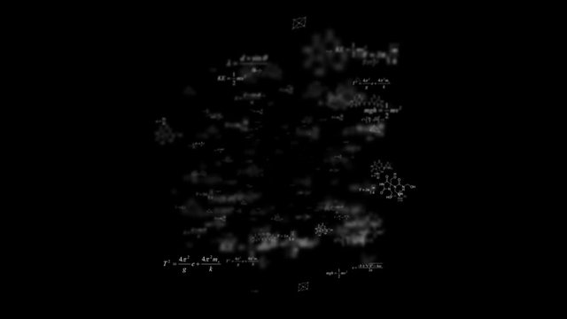 Thoughts of genius.Animation presents handwritten mathematical formulas on black background flying through the camera.
