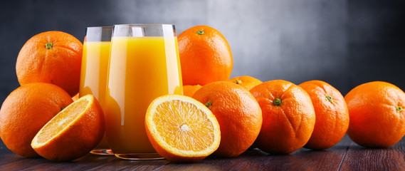 Glasses with freshly squeezed orange juice