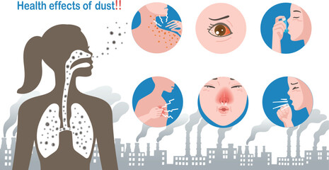 dust allergies Women in shadow show the respiratory system. Affected to health From dust, smoke, pollution.How does dust affect health?. respiratory system. Illness in a circle. Info graphic - obrazy, fototapety, plakaty