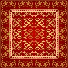 Background, Geometric Pattern With Ornate Lace Frame. Illustration. For Scarf Print, Fabric, Covers, Scrapbooking, Bandana, Pareo, Shawl. Red golden color