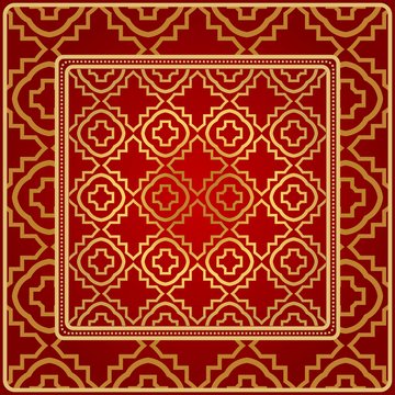 Background, Geometric Pattern With Ornate Lace Frame. Illustration. For Scarf Print, Fabric, Covers, Scrapbooking, Bandana, Pareo, Shawl. Red golden color