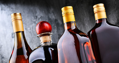 Bottles of assorted alcoholic beverages.