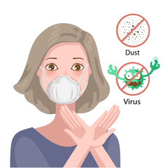 protective woman gag with worry gesture. Healthy of female wear protective mask against infectious diseases and flu. Stop the infection. Health care concept. Vector illustration isolated on white.