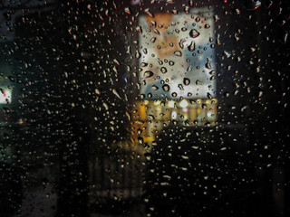 beautiful raindrops at night on the glass