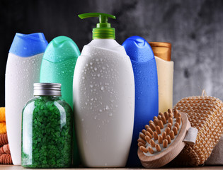 Plastic bottles of body care and beauty products