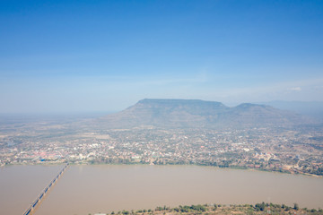 Top view of Pakse Bridge and Mekong River in Laos