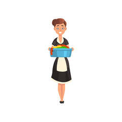 Maid holding a basin with wet clean linen, housemaid character wearing classic uniform with black dress and white apron, cleaning service vector Illustration