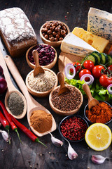 Composition with assorted organic food products on the table
