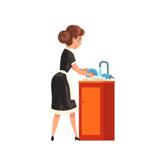 Smiling maid washing dishes in the kitchen, housemaid character wearing classic uniform with black dress and white apron, cleaning service vector Illustration