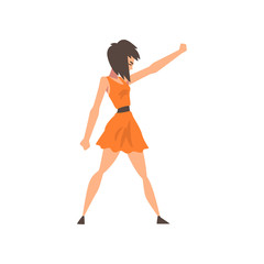 Beautiful brunette woman raising fist, symbol of feminism, fighting, freedom, protest concept, female power and rights vector Illustration