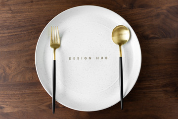 With plate mockup on a wooden table