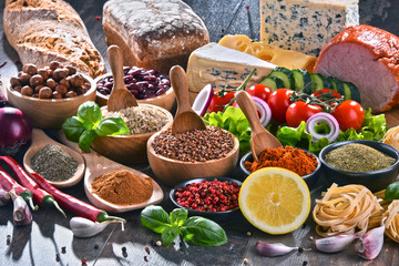 Composition with assorted organic food products on the table