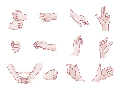 male hand Set of hands Men's in different gestures emotions 
palm,hand back, side view. vector illustration isolated on a white background. Simple hand-drawn style.
