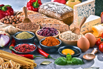 Composition with assorted organic food products on the table