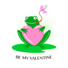 Cute green frog with heart isolated on white background
