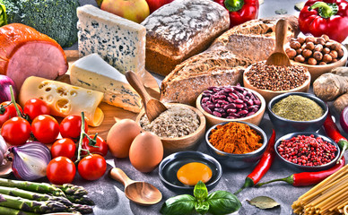 Composition with assorted organic food products on the table