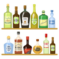 Fototapeta na wymiar Different alcoholic drinks in bottles. Alcohol bottle drink whiskey and champagne, vodka and martini, brandy and rum, vector illustration