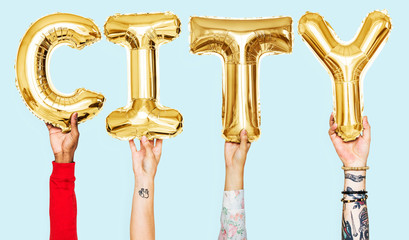 Hands showing city balloons word