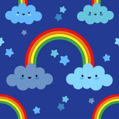 Seamless background with funny clouds. Kawaii. Cute cartoon. Vector illustration. Can be used for wallpaper, textile, invitation card, wrapping, web page background.