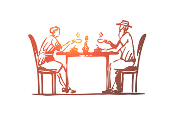 Old, couple, coffee, senior, cafe concept. Hand drawn isolated vector.