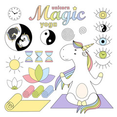 Set magic cute unicorn.  Set of yoga ellement. Fashion stickers collection.  Vector illustration.