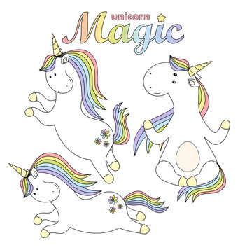 Set magic cute unicorn.  Fashion stickers collection. Vector illustration.