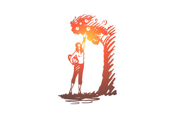 Harvesting, woman, apple, tree, garden concept. Hand drawn isolated vector.