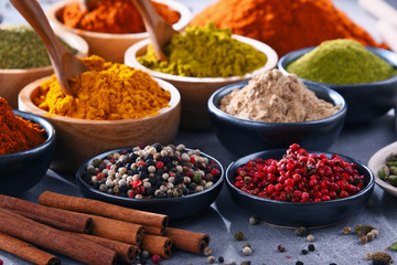 Variety of spices on kitchen table