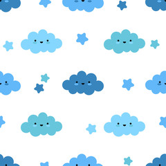 Seamless background with funny clouds. Kawaii. Cute cartoon. Vector illustration. Can be used for wallpaper, textile, invitation card, wrapping, web page background.