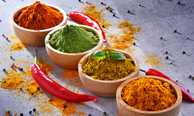 Variety of spices on kitchen table