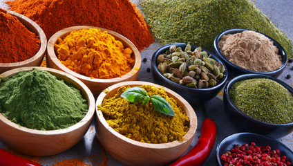 Variety of spices on kitchen table