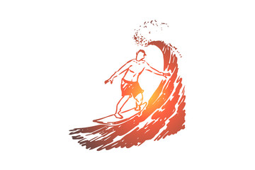Surfing, wave, summer, board, sport concept. Hand drawn isolated vector.