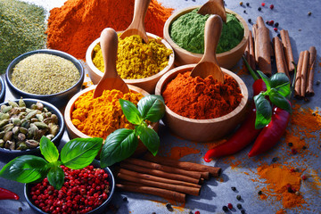 Variety of spices on kitchen table