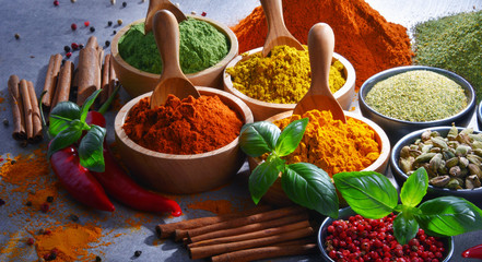 Variety of spices on kitchen table