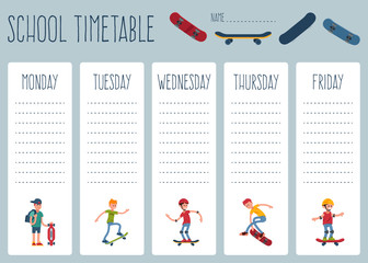 Template school timetable for students or pupils with days of week and free spaces for notes. Illustration includes people teen skateboard sport, skate background school theme.