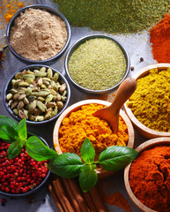 Variety of spices on kitchen table