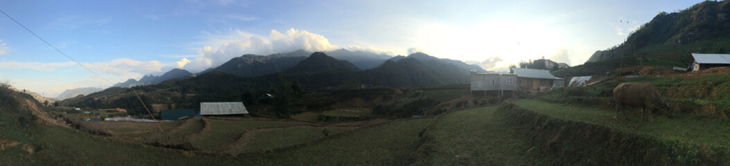 Sunset in the village mountain views