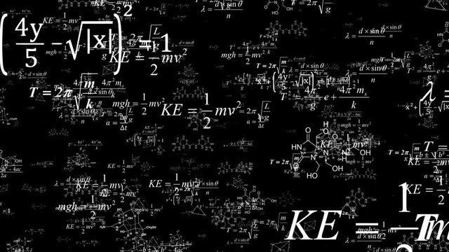 White formulas fly in black space.The explosion of knowledge. Formulas fly around the screen.