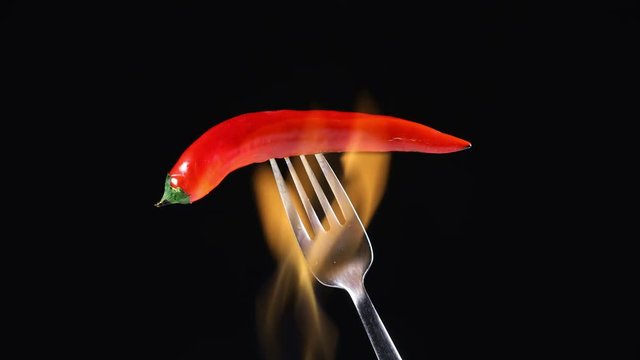 Red hot chili pepper on fork burns fire on black background