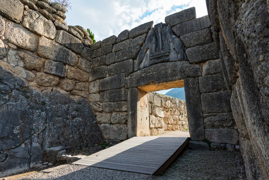 The famous Lions Gate, the main entrance of the Citadel at the archaeological site of Mycenae in Peloponnese, Greece