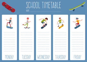 Template school timetable for students or pupils with days of week and free spaces for notes. Illustration includes people teen skateboard sport, skate background school theme.