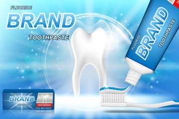 Whitening toothpaste ads. Tooth model and dental care product package design for toothpaste poster or advertising. 3d Vector illustration.