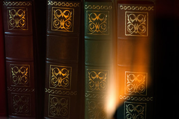 Fototapeta premium Old vintage style books in a row in a shelf in living room. Concept of knowledge, education and reading books. Cozy atmosphere in house or apartment with warm light reflection