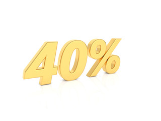 40% gold number on a white background. 3d render illustration..