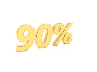 90% gold number on a white background. 3d render illustration.