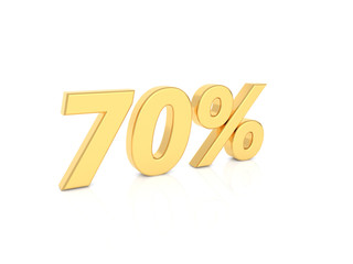 70% gold number on a white background. 3d render illustration.