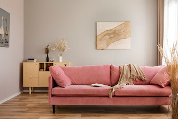 Beige blanket on pink couch in bright living room interior with wooden furniture and rustic pairings on the wall