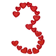 Number 3 made from decorative red hearts. Isolated on white background. Concepts: ABC, alphabet, logo, digit, symbols, love, valentines day
